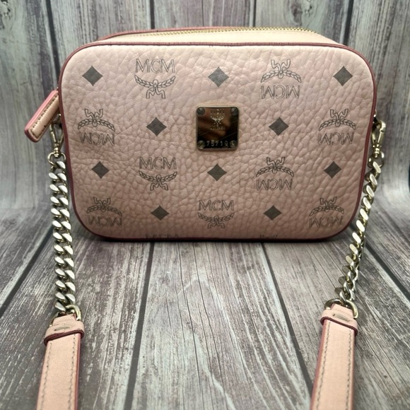 MCM Visetos Mini Camera Crossbody Bag Powder Pink Leather Chain Strap - Picture 9 of 16